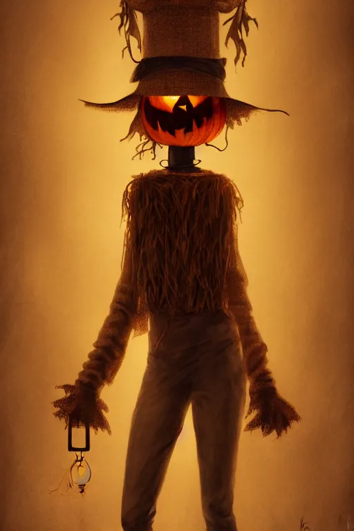 Image similar to portrait of a haunted scarecrow, burlap bag head, holding a lantern, halloween night, charlie bowater, artgerm, ilya kuvshinov, krenz cushart, ruan jia, realism, ultra detailed, 8 k resolution