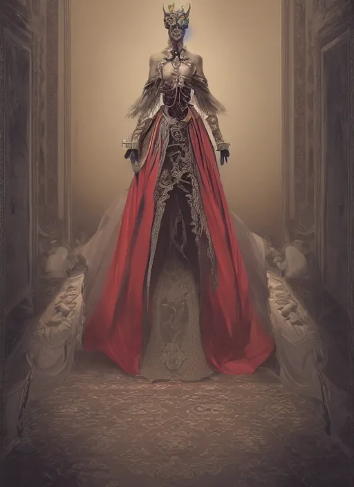 Image similar to hyper realistic photo of baroque oriental luxury fashion queen ghost full body, symmetric, rule of thirds, cinematic, artstation, cgsociety, greg rutkowski, james gurney brom