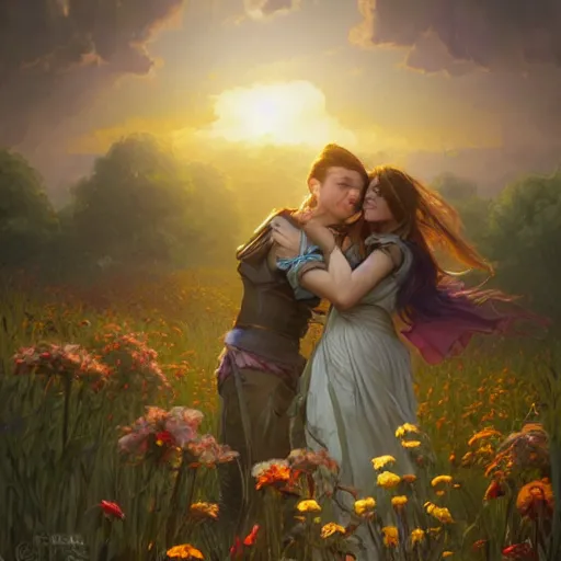 Prompt: a young couple hugging each other in a flower field at sundown, D&D, fantasy, intricate, elegant, highly detailed, digital painting, artstation, concept art, matte, sharp focus, illustration, hearthstone, art by Artgerm and Greg Rutkowski and Alphonse Mucha