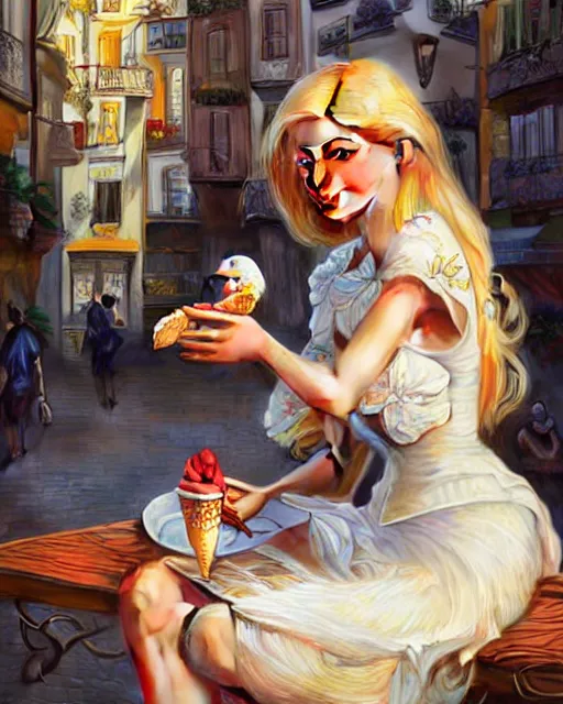 Image similar to Portrait of a  blonde woman and Donald Duck eating ice creams in Porto,real life skin, intricate, elegant, highly detailed, artstation, concept art, smooth, sharp focus, art by artgerm and greg rutkowski and alphonse mucha