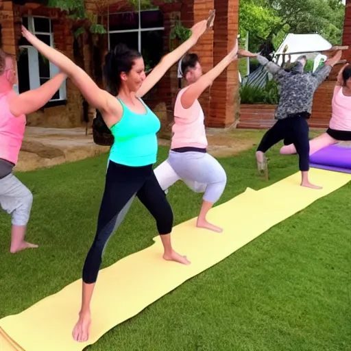 Prompt: Fred Flintstone yoga class