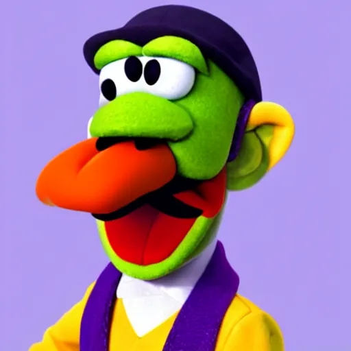 Image similar to A still of Waluigi reimagined as a Muppet, photorealistic