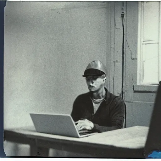 Image similar to a polaroid photo of man using a laptop inside in warehouse, he sitting on chair and small table, he's wearing blue cloth and construction hat, photo from behind, high details, perfect face shape