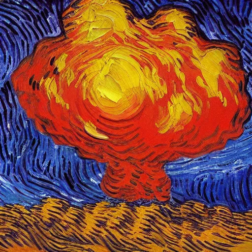 Image similar to oil painting of a nuclear explosion in the style of vincent van gogh