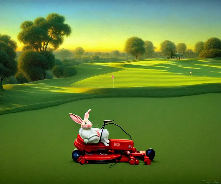 Image similar to hyper detailed 3d render like a Oil painting - a cartoon rabbit riding a lawnmower across a golf course at dawn, by Jacek Yerka, Mariusz Lewandowski, Houdini algorithmic generative render, Abstract brush strokes, Masterpiece, Edward Hopper and James Gilleard, Zdzislaw Beksinski, Mark Ryden, Wolfgang Lettl, hints of Yayoi Kasuma, octane render, 8k