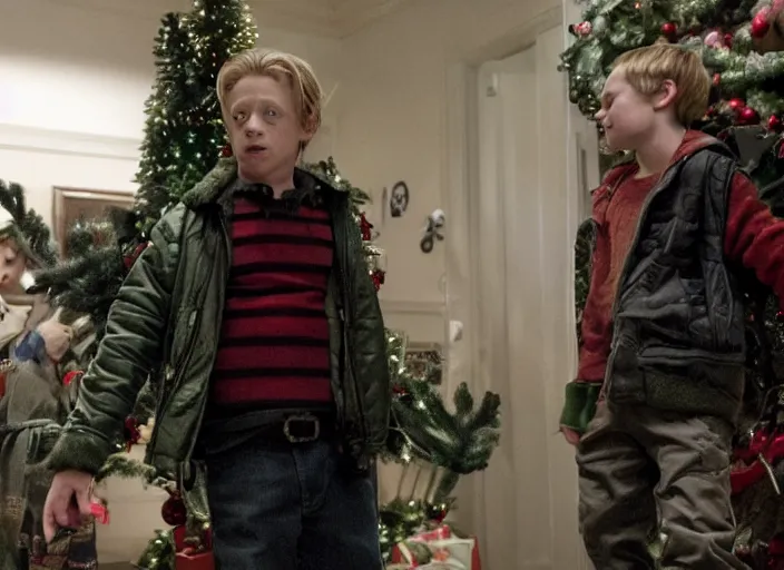 Image similar to the movie the predator starring macaulay culkin kevin mcallister home alone living room christmas vfx film