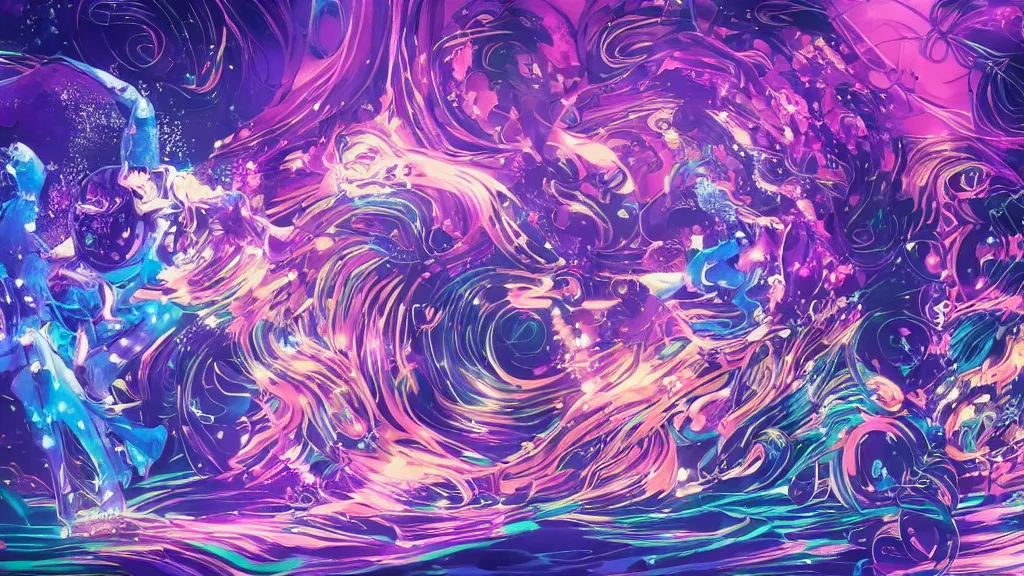 Prompt: detailed and realistic illustration of two presons dancing together, around them a swirl of colors and spirits of fantastic animals surrounding them in a glow, dark blue and intense purple color palette, art by kuvshinov ilya and kojima ayami and amano yoshitaka, 4 k