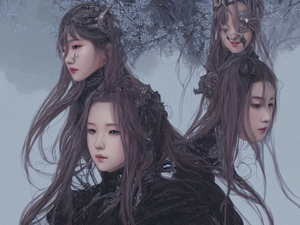 Image similar to portrait jisoo blackpink, grey hair armored samurai clothes, in snowy torii black magic night, ssci - fi and fantasy, intricate and very very beautiful and elegant, digital painting, artstation, concept art, smooth, illustration, art by tian zi and wlop and alphonse mucha