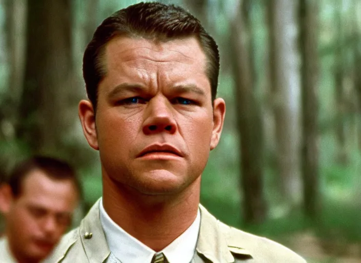 Image similar to film still of matt damon as forrest gump in forrest gump, 4 k