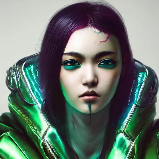 Prompt: young Asian Cyberpunk woman with green hair, Close up portrait, wearing a leather jacket, hyperdetailed, artstation, cgsociety, 8k