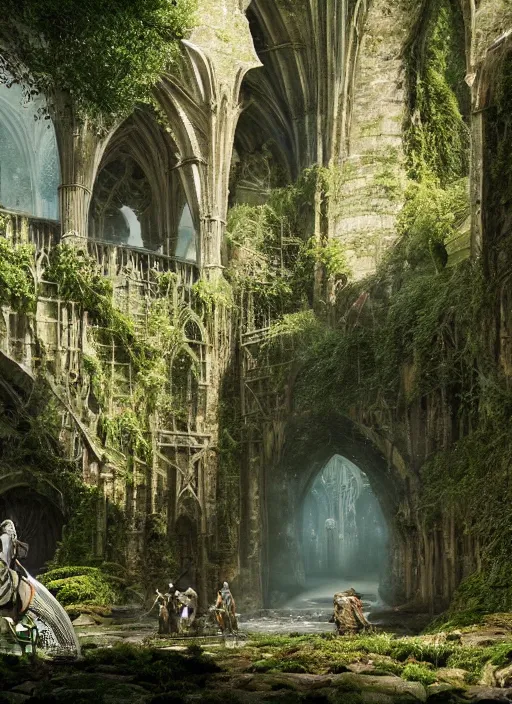 Image similar to medieval adventurers in lord of the rings scenery landscape, inside an enormous overgrown cathedral, stream, treasure, reflections, portal to another dimension, highly detailed, cinematic lighting, perfect composition, 4 k, gustave dore, derek zabrocki, greg rutkowski, belsinski, octane render