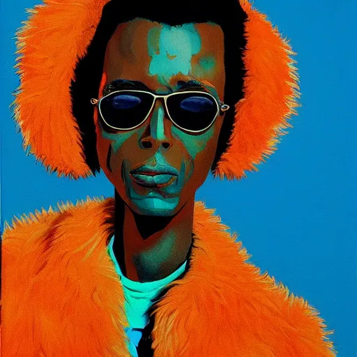 Prompt: beautiful fantasy character portrait, miles davis, bitches brew, wearing orange puffy bomber jacket with teal fur, by malti klarwein