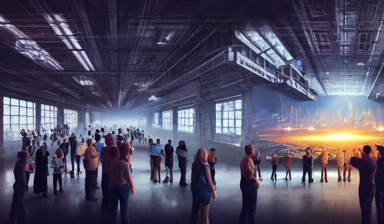 Prompt: large group of people in walled warehouse, looking at hologram of futuristic city on a table, cinematic concept art, godrays, golden hour, natural sunlight, 4 k, clear details, tabletop model buildings, center model buildings, hologram center, crane shot, crane shot, crane shot