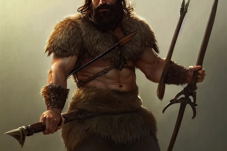 Image similar to full body portrait of a gruff ranger with a spear, lean and toned, handsome face, hairy chest and hairy body, D&D, intricate, elegant, highly detailed, digital painting, artstation, concept art, matte, sharp focus, illustration, art by Artgerm and Greg Rutkowski and Alphonse Mucha