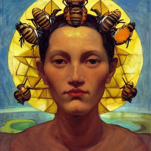 Image similar to the crown of bees, by Annie Swynnerton and Nicholas Roerich and Diego Rivera, blue skin, elaborate costume, geometric ornament, rich color, dramatic cinematic lighting, smooth, sharp focus, extremely detailed