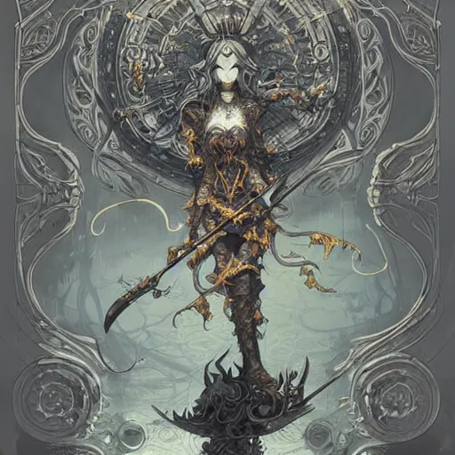 Image similar to bright elf+ Grey smoke, symetrical + scythe + magic ornament + golden ratio + elements + pattal + baroque + marc simonetti, paul pope, peter mohrbacher, detailed, intricate ink illustration