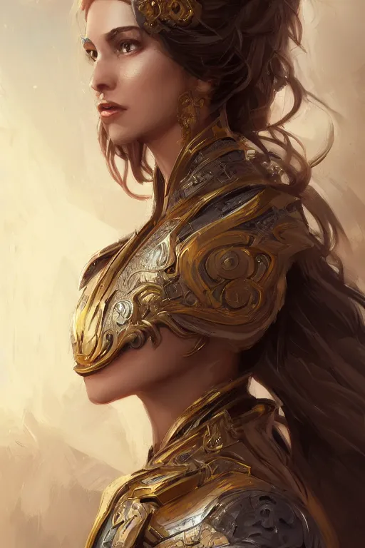 Image similar to three-quarters portrait pose of a beautiful woman, strong body, shining gold armor, human warrior, fantasy, intricate, elegant, highly detailed, digital painting, artstation, concept art, matte, sharp focus,D&D, illustration, art by Stanley Lau