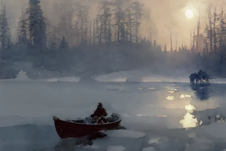 Prompt: watercolor painting of crystal clear ice lake, reflective, winter, fog and snowfall, ambient lighting, art by anders zorn and winslow homer, wonderful masterpiece by greg rutkowski, cinematic light, american romanticism by greg manchess, creation by tyler edlin