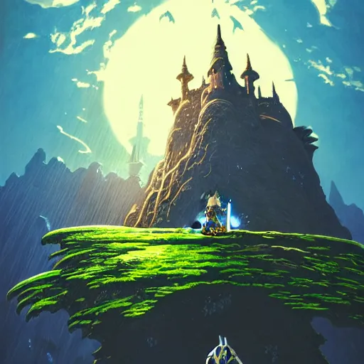 Image similar to An imposing and highly ornamented fantasy castle, Carved from Sapphire stone, Atmosphere, Dramatic lighting, Beautiful Landscape, Epic composition, Wide angle, by Miyazaki, Nausicaa Ghibli, Breath of The Wild