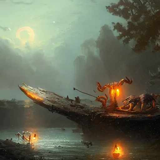 Image similar to giant crabs dragging a young gnome into a moonlit river, matte painting, fantasy art, by greg rutkowski, by andreas achenbach,