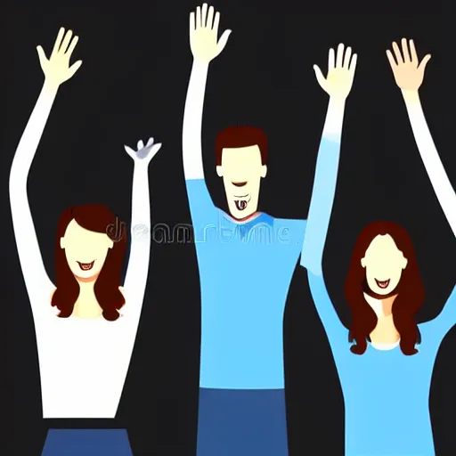 Image similar to team of 4 people vector illustration, no faces, hands raised in joy, vector illustration, white background