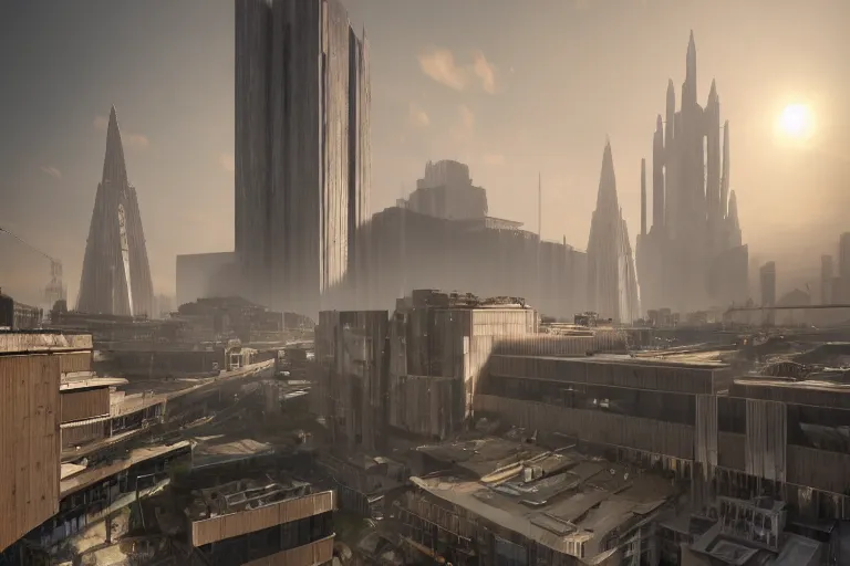 Image similar to streetscape, a towering cathedral of brutalist architecture, buildings covered with greebles, stunning volumetric light, sunset, metal, concrete and translucent material, stunning skies, majestic landscape, trending on Artstation, 8k, photorealistic, hyper detailed, unreal engine 5, IMAX quality, cinematic, epic lighting, in the style of Greg Rutkowski