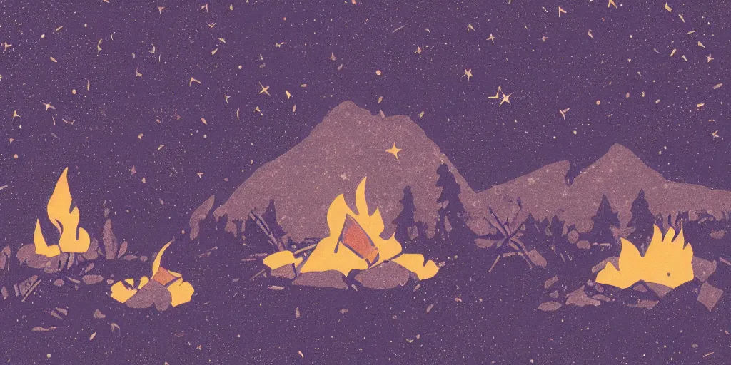 Image similar to a campfire under the stars with comets, 1940s faded risograph print, illustration, limited color palette, earthtones, double-exposure, astrophotography, claymation, sharp