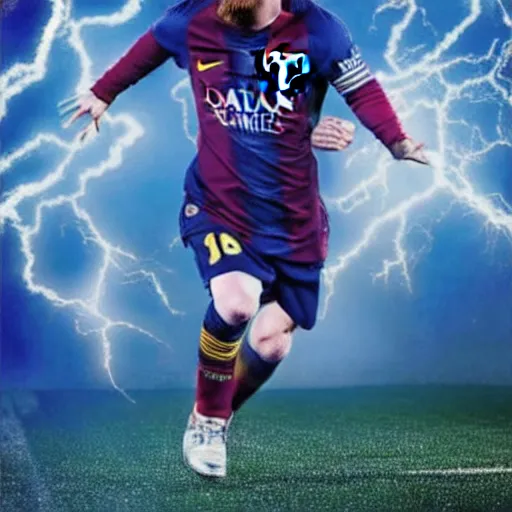 Image similar to lionel messi running extremely fast engulfed in blue lightning, 8 k