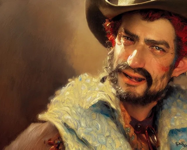 Image similar to portrait of a a thief cowboy clown, highly detailed painting by gaston bussiere, craig mullins, j. c. leyendecker 8 k