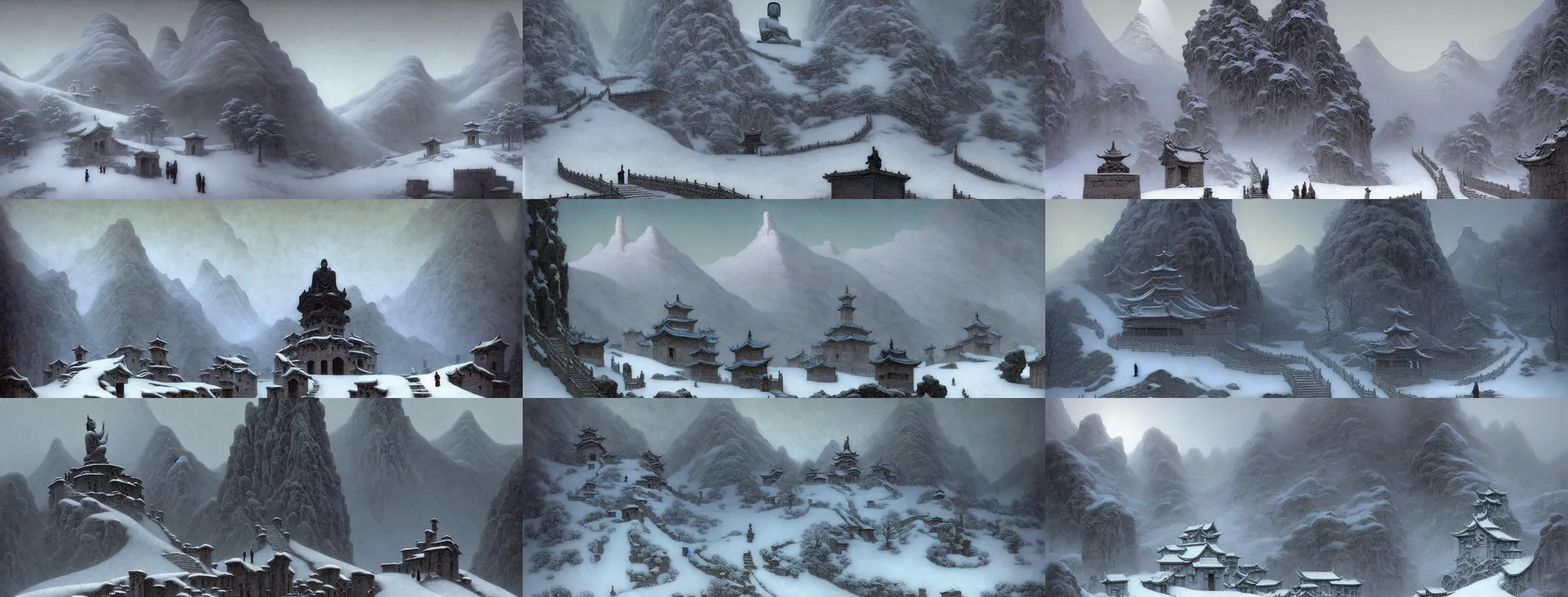 Prompt: a gorgeous bleak snowy landscape painting by barlowe wayne, maxfield parrish, gustave dore and marco mazzoni. a lonnely huge chinese buddha statue. china mountain village. grey blue and very little light verdancy. the winding stone steps. ultra clear detailed. 3 d, octane render. turbulent blood lake.