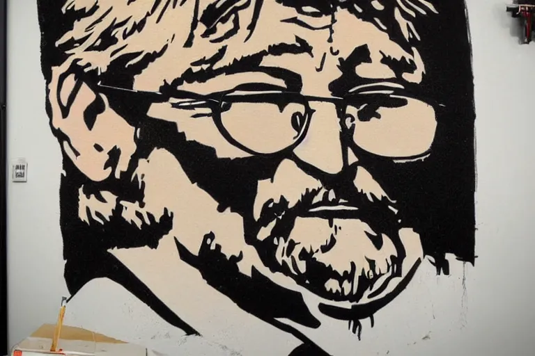 Image similar to gabe newell painted by banksy