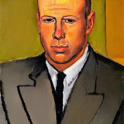 Image similar to Portrait of Bruce Willis, painting by Amedeo Modigliani, Expressionism, Oil on Canvas