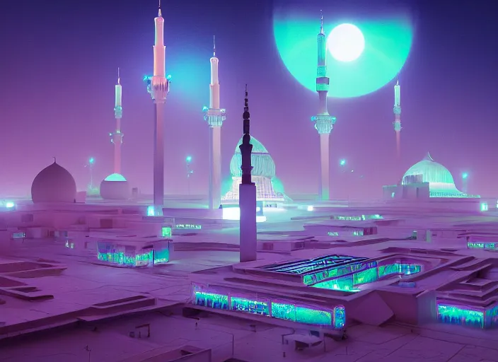 Image similar to a luminescent cyberpunk mosque in arabia by paolo eleuteri serpieri and tomer hanuka and chesley bonestell and daniel merriam and tomokazu matsuyama, unreal engine, high resolution render, featured on artstation, octane, 8 k, highly intricate details, vivid colors, vector illustration