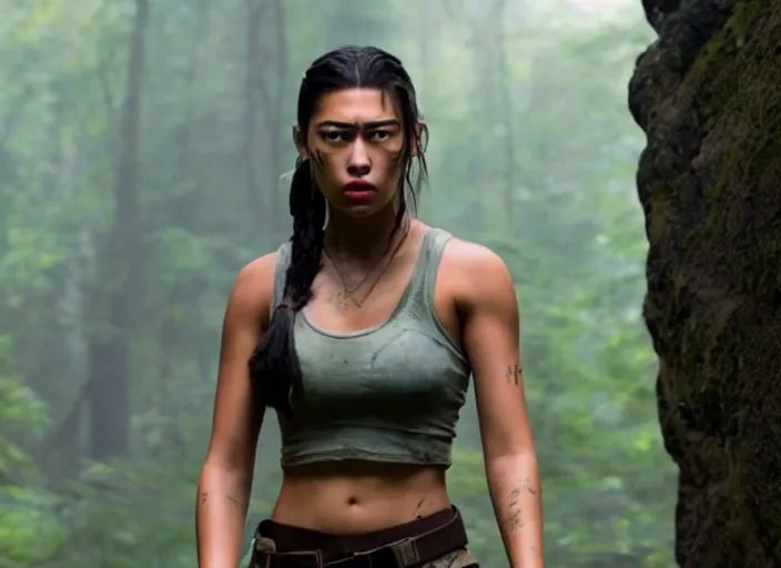 Image similar to film still of!!!! amber midthunder!!! as lara croft in new tomb raider movie, 8 k