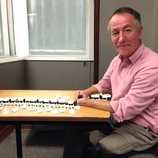 Image similar to Mike tysen sitting at a table using an abacus to count