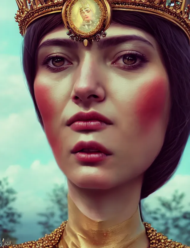 Image similar to blurred background. close-up portrait of a goddess in crown, by Ruby Kurosawaand Afarin Sajedi and Alena Aenami. octane render. 4k, hyperrealistic, focused, extreme details,unreal engine 5, cinematic