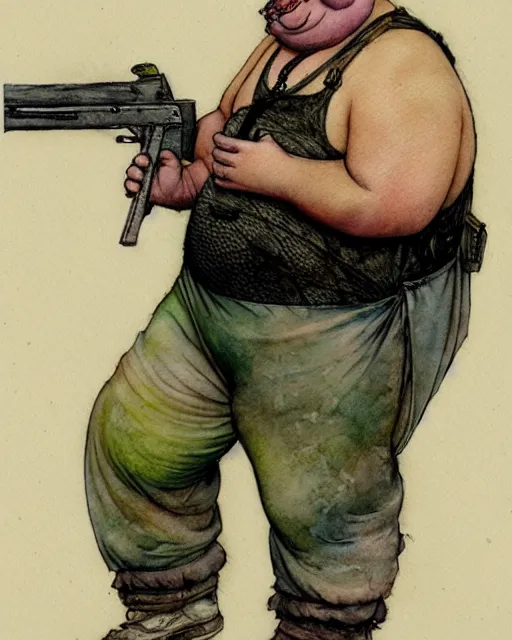 Prompt: a realistic and atmospheric watercolour fantasy character concept art portrait of a fat adorable dirty chibi pig wearing a wife beater and holding a rifle, by rebecca guay, michael kaluta, charles vess and jean moebius giraud