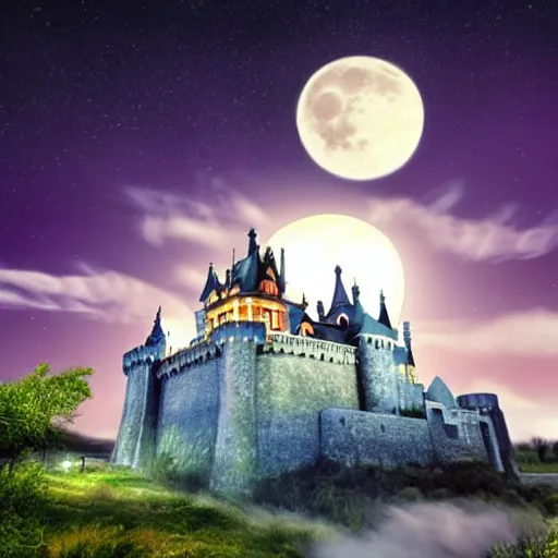 Image similar to realistic photo : a glowing sleeping beauty castle on a countryside at night under the stars, a full moon, and clouds