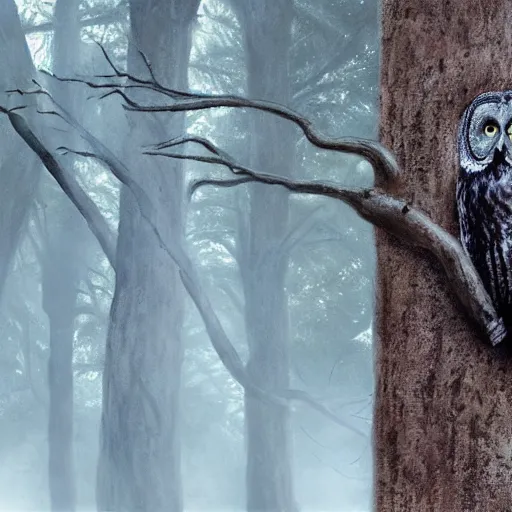 Image similar to an 5 5 - year old man looks at a great grey owl in a tree in front of him, concept art, realistic modern supernatural horror thriller aesthetic, hd 4 k 8 k digital matte painting, by david mattingly and michael whelan and samuel araya. layout in the style of christopher mckenna and gregory crewdson