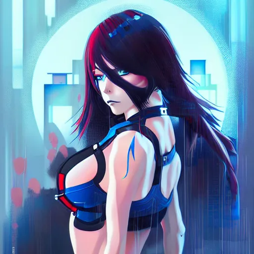 Prompt: seductive female cyborg, in the rain, highly detailed, painting, dark red, azure blue and black color palette, intricate, high quality anime artstyle, in the style of sana takeda
