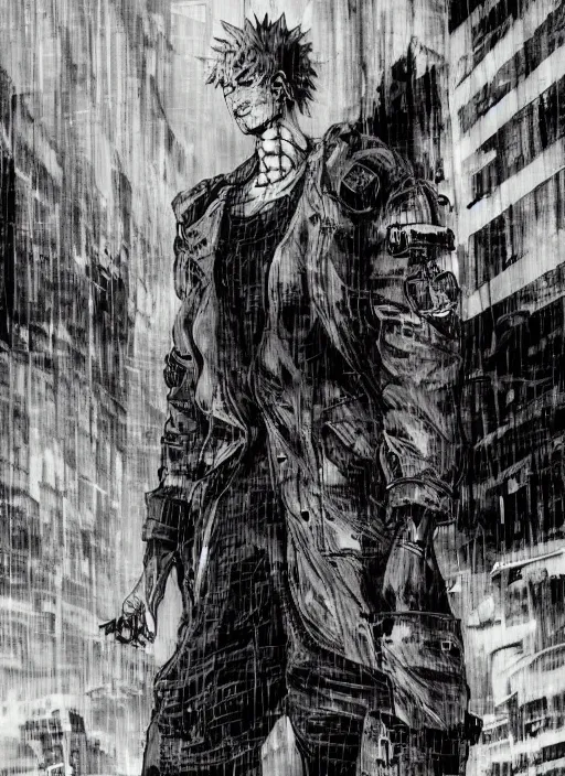 Image similar to Noi from Dorohedoro standing on the street, anime, rain, fog, artstation, trending on Yoji Shinkawa style