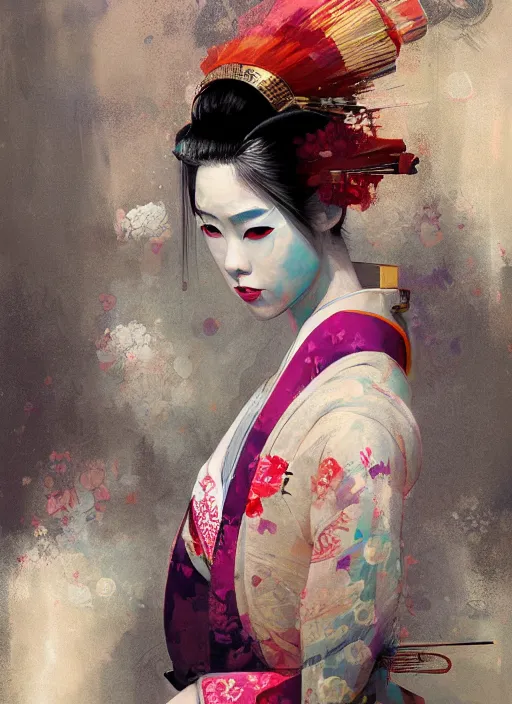 Image similar to female geisha girl, beautiful face, colourful, rule of thirds, intricate outfit, spotlight, by greg rutkowski, by jeremy mann, digital painting