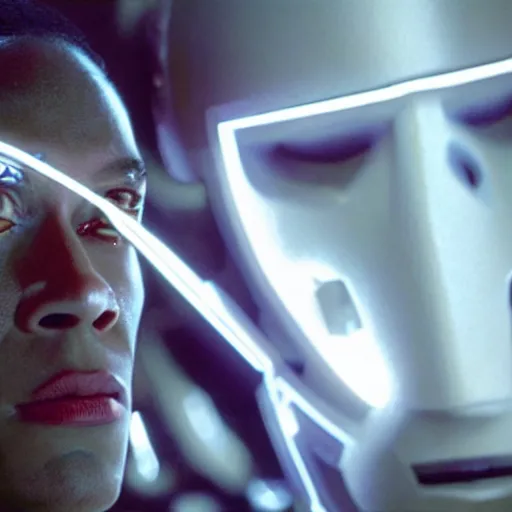 Image similar to movie still of cyborg with glowing third eye, cinematic composition, cinematic light, criterion collection, by the coen brothers