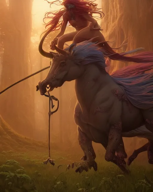 Image similar to highly detailed surreal vfx portrait of a fearless centaurs in a fairytale world, stephen bliss, unreal engine, greg rutkowski, loish, rhads, beeple, makoto shinkai and lois van baarle, ilya kuvshinov, rossdraws, tom bagshaw, alphonse mucha, global illumination, detailed and intricate environment