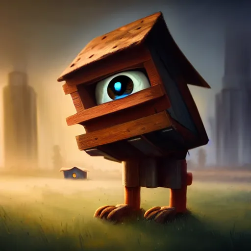 Image similar to a walking small wood house with two mechanical legs and two glowing eyes and a mouth, rust, hyperrealistic, pareidolia, highly detailed, cinematic, single ray of sun, fog, city in background, beautiful, cgssociety, artstation, 8 k, oil painting