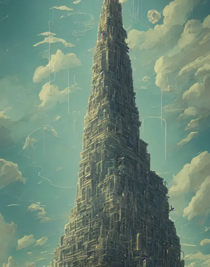 Prompt: painting of a tall tower that reaches beyond the clouds, intricate abstract. delicate artwork. by Tooth Wu, wlop, beeple, dan mumford. octane render, trending on artstation, greg rutkowski very coherent symmetrical artwork. cinematic, hyper realism, high detail, octane render, 8k, depth of field, bokeh. chrome accents.