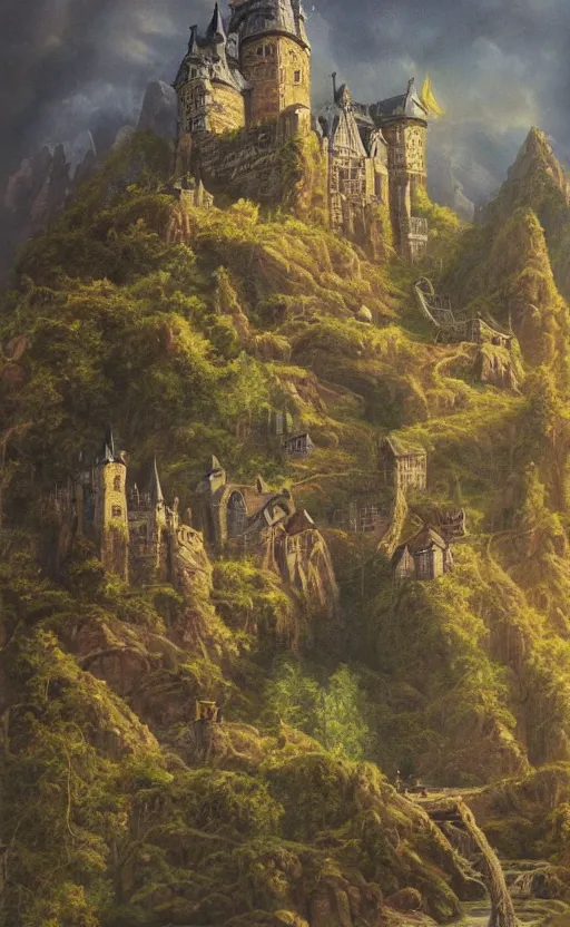 Image similar to A fantasy painting of a castle in a deep valley, lots of detail