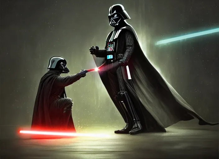 Prompt: a Photorealistic dramatic hyperrealistic render of darth vader with lightsaber drawn facing off against a calm cute corgi in battle, futuristic star wars vibe, by WLOP and Artgerm and Greg Rutkowski and Alphonse Mucha, Beautiful dynamic dramatic dark moody lighting, shadows, cinematic atmosphere, Artstation, concept design art, Octane render, 8K, masterpiece, sharp focus