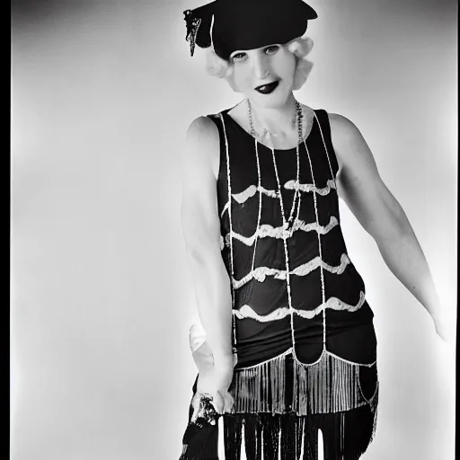 Prompt: 1 9 2 0 s flapper wearing streetwear designed by vivienne westwood, professional studio photography, hp 5 film, large - format photograph