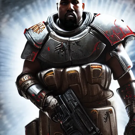 Image similar to Kanye West as 'the emperor of humanity from warhammer 40k' in 'Gears of War', splash art, movie still, cinematic lighting, detailed face, dramatic, octane render, long lens, shallow depth of field, bokeh, anamorphic lens flare, 8k, hyper detailed, 35mm film grain